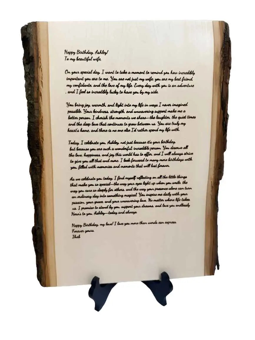 Personalized Wood Engraving with Your Message, Poem or Letter – Custom Rustic Plaque with Bark – 11x7 Inches
